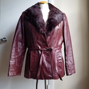Vintage Leather Jacket Fur Collar Medium Burgundy